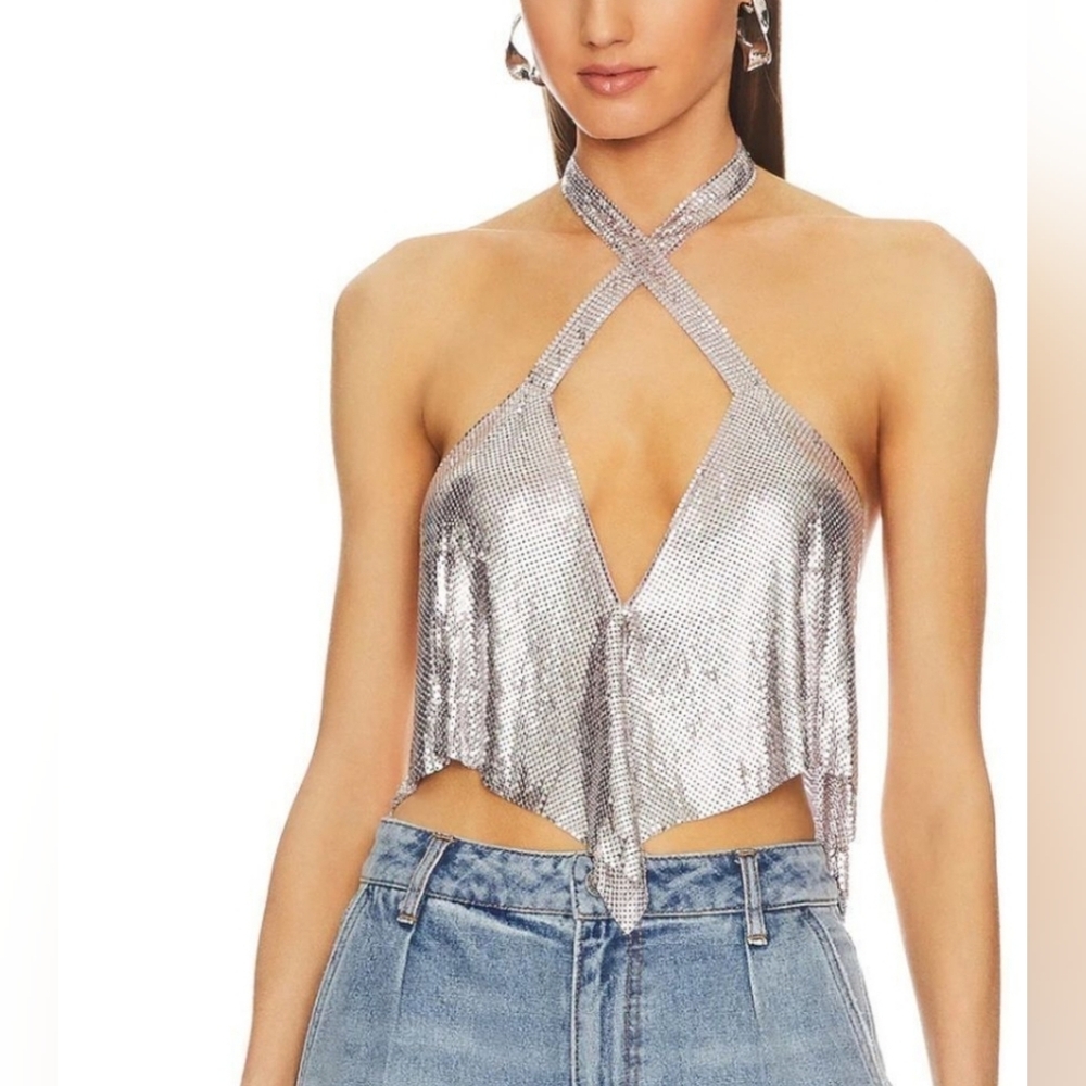 Lovers + Friends Bennet Top Silver Chainmail Metal Mesh Cami NWT $168 Revolve L
